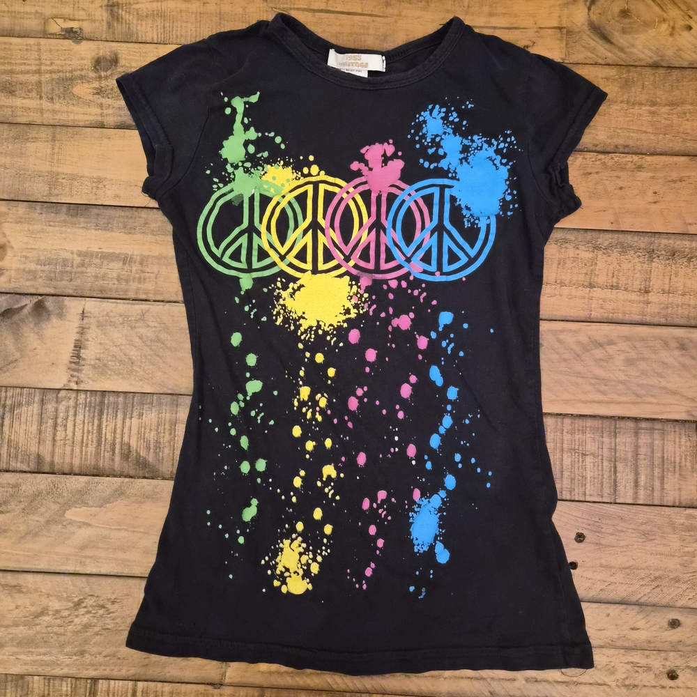Y2K 1955 Vintage Black Peace Sign T-Shirt | S - Hippie Neon Paint Splatter Boho